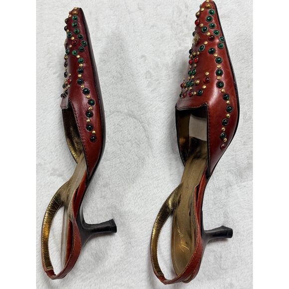 Vtg Giuseppe Zanotti Vicini Jeweled Red Leather Slingback Heels Italy 7B Medium - Picture 13 of 16